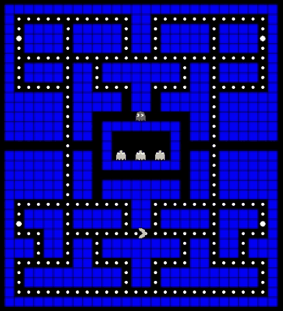 The maze at the start of a level — Pac-Man below the ghost house, Blinky already out, and Pinky, Inky and Clyde still penned inside it.
