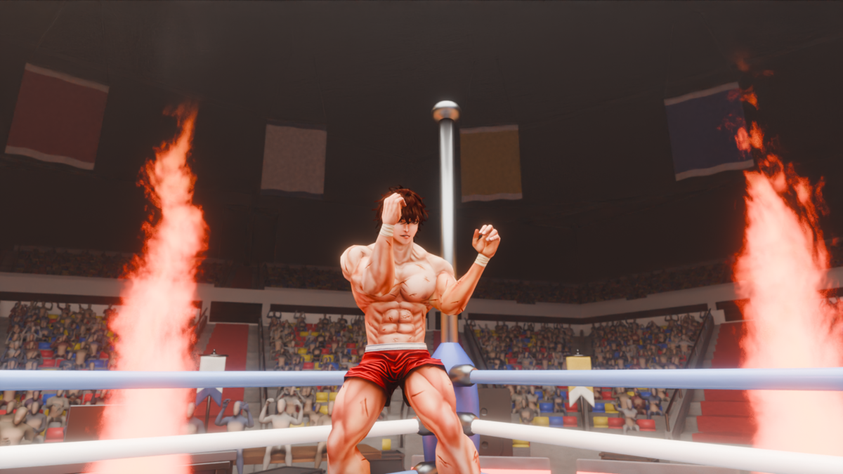 A frame from the cinematic: a boxer standing in the ring, arms raised, with jets of flame going up behind him.