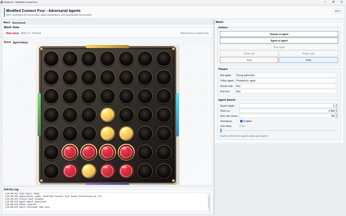 The application window with a Connect 4 board of yellow and red discs, and the agent configuration panel beside it.