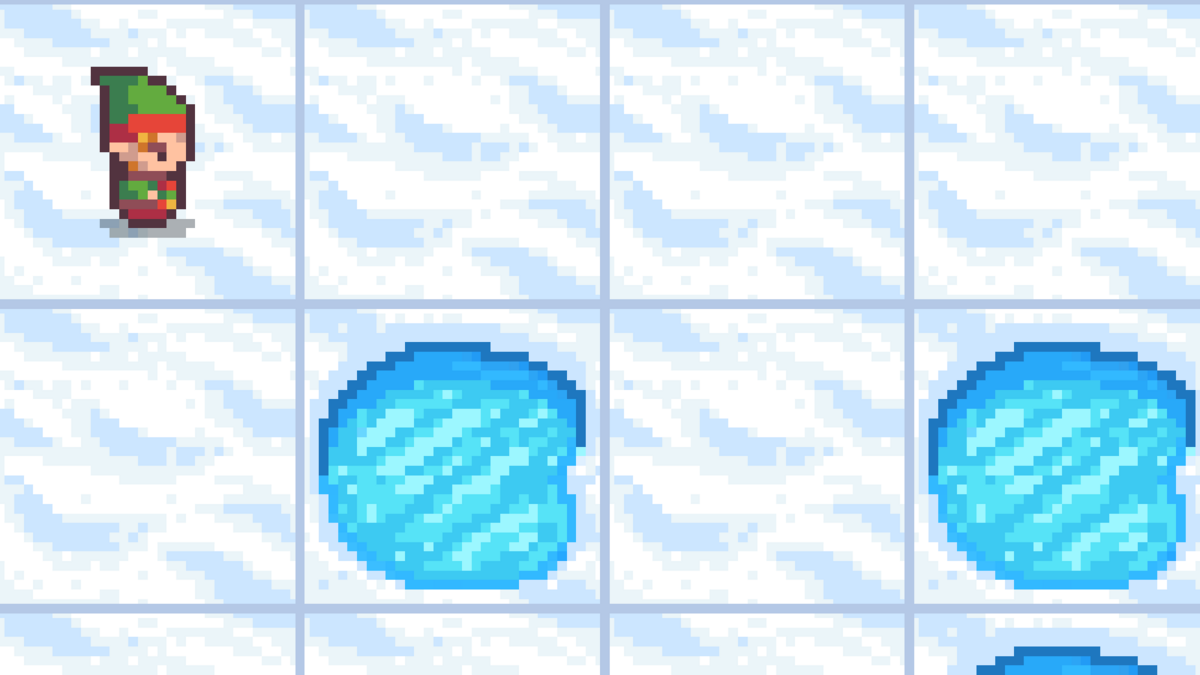 The FrozenLake grid in pixel art, the elf standing on the ice with two holes open beside it.