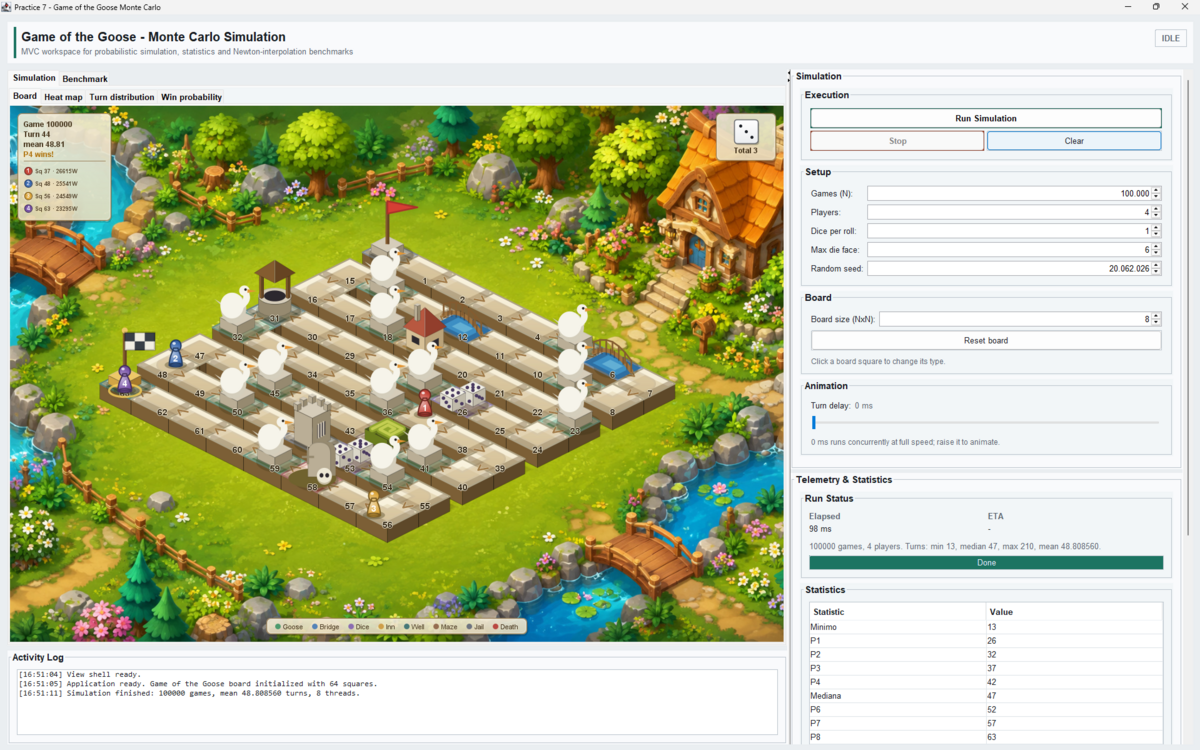 The application window with the board drawn in isometric 2.5D as a garden path, and the simulation controls and statistics beside it.