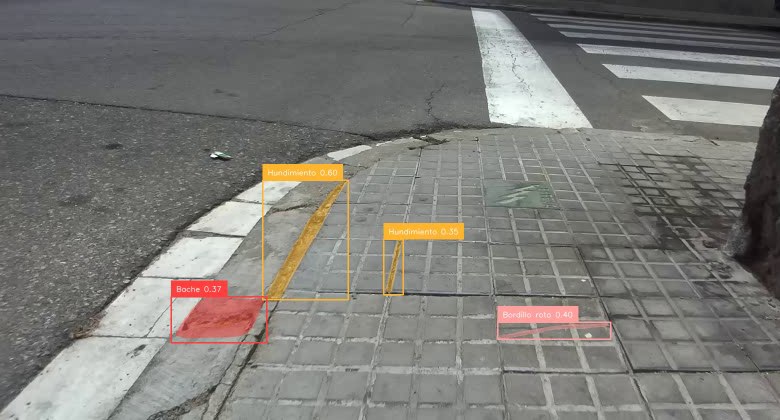 A sidewalk corner filmed at ground level, with labelled masks from a defect detector over a pothole, a broken curb and two areas of sinkage.