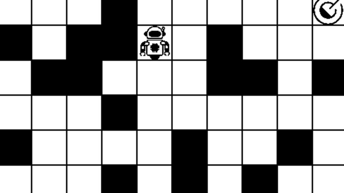 The labyrinth as a black and white grid, the traveller on one square and the goal marked in the corner.
